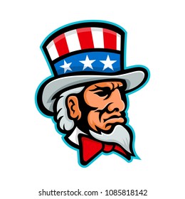 Mascot icon illustration of head of Uncle Sam, a popular symbol of the US government in American culture and patriotism, wearing a top hat with USA flag viewed from side done in retro style.