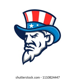 Mascot icon illustration of head of Uncle Sam wearing a top hat with USA  American stars and stripes viewed from side on isolated background in retro style.