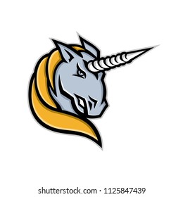 Mascot icon illustration of head of a unicorn, a legendary creature, beast or horse with single large, pointed, spiraling horn projecting from its forehead on isolated background in retro style.