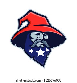 Mascot icon illustration of head of a warlock, wizard, sorcerer or magician with three stars on his beard wearing a pointy or pointed hat viewed from front on isolated background in retro style.