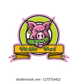 Mascot icon illustration of head of a wild pig, boar or hog biting a pickle or gherkin, a pickled cucumber set in circle with words Pickled Pork done in retro style.