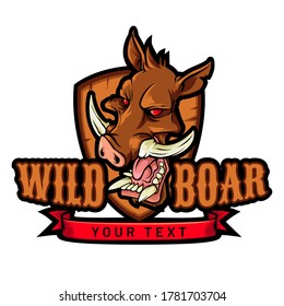 Mascot icon illustration of head of a wild pig, boar or hog biting a pickle or gherkin with ribbon set in circle on isolated background in retro style.