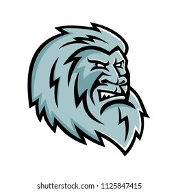 Mascot icon illustration of head of a Yeti or Abominable Snowman, an ape-like entity, mythical or legendary creature in the folklore of Nepal viewed from side on isolated background in retro style.