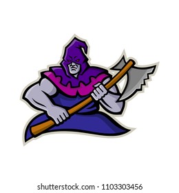 Mascot icon illustration of a hooded medieval or absolutist executioner or headsman  carrying an axe viewed from front on isolated background in retro style.