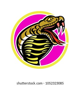 Mascot icon illustration of king cobra, Ophiophagus hannah, or hamadryad, a venomous snake in family Elapidae, endemic to Southeast Asia set inside circle on isolated background in retro style.