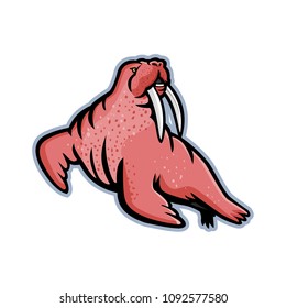 Mascot icon illustration of a male mustached and long-tusked Atlantic or Pacific walrus, a large flippered marine mammal  viewed from side on isolated background in retro style.