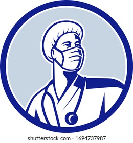 Mascot Icon Illustration Of A Medical Doctor, Nurse, Healthcare Professional Or Essential Worker Wearing A Surgical Mask And Bouffant Scrub Cap Looking To Side Set In Circle Done In Retro Style.