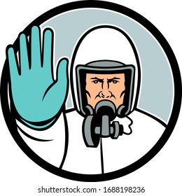 Mascot icon illustration of a medical professional, nurse, doctor, healthcare or essential worker wearing PPE, protective personal equipment showing stop the spread of virus using hand signal.