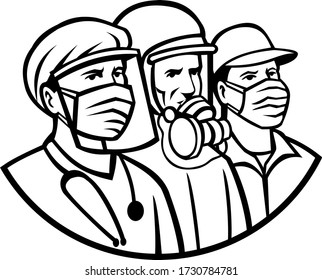 Mascot icon illustration of medical professional, nurse, doctor, healthcare, soldier or essential worker wearing surgical mask as heroes in black and white retro style.