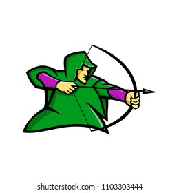 Mascot icon illustration of a medieval archer like Robin Hood, shooting a bow and arrow wearing a green hood viewed from side on isolated background in retro style.