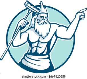 Mascot icon illustration of Neptune, god of the sea in Roman mythology or Poseidon in Greek, holding a pool scrub or brush cleaner pointing set inside oval on isolated background in retro style.