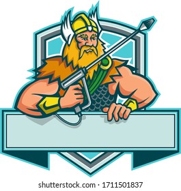 Mascot icon illustration of Norse god, Thor holding a pressure washer wand viewed from front set inside shield shape with banner below on isolated background in retro style.