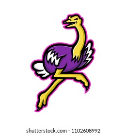 Mascot icon illustration of an ostrich or common ostrich, a large flightless bird native to Africa running viewed from side on isolated background in retro style.