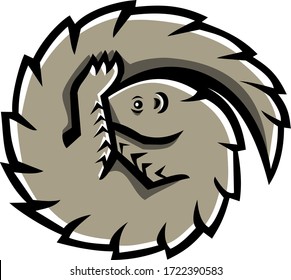 Mascot icon illustration of a pangolin also known as scaly anteater, a mammal covered in hard protective scales made of keratin, curled or curling on isolated background in retro style.