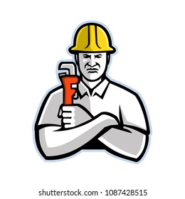 Mascot Icon Illustration Of A Pipefitter, A Tradesperson Who Install, Fabricate, Maintain And Repair Mechanical Piping Systems, Holding A Pipe Wrench  Viewed From Front In Retro Style.