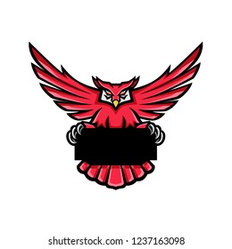Mascot icon illustration of a red Great Horned Owl spreading its wings holding a banner sign or signage viewed from front on isolated background in retro style.