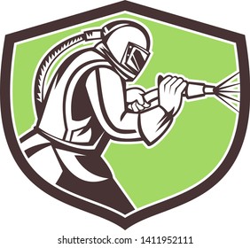 Mascot icon illustration of a sandblaster or sand blaster abrasive blasting viewed from side set inside crest or shield on isolated background in retro style.