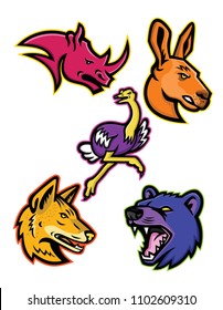 Mascot icon illustration set of African and Australian wildlife animals like the rhino or rhinoceros, kangaroo, common ostrich, Arabian wolf and the Tasmanian devil on isolated background retro style.