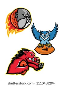 Mascot icon illustration set of American football or gridiron and basketball sports mascot like the bulldog, great horned owl clutching ball and razorback or wild boar running with ball retro style.