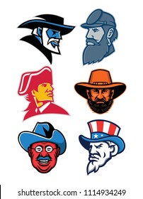 Mascot icon illustration set of American Generals and Statesman like General Robert E Lee, General Stonewall Jackson, General Ulysses Simpson Grant, Theodore Roosevelt of the Rough Riders, Uncle Sam.