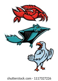 Mascot Icon Illustration Set Of Angry Animal Wildlife Like The Red King Crab Or Land  Crab, Northern Flying Squirrel And Gull Or Seagull On Isolated Background In Retro Style.