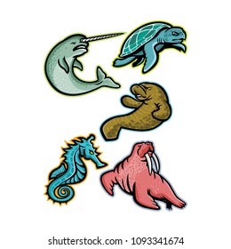 Mascot icon illustration set of aquatic animals and marine mammals like the narwhal or narwhale, ridley sea turtle, manatee or sea cow, sea horse or seahorse and the walrus  viewed from side retro.