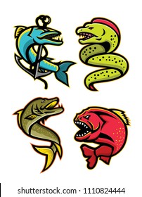 Mascot icon illustration set of ferocious and fearsome fishes like the barracuda, moray eel, northern pike or muskellunge fish, the piranha, pirana or caribe on isolated background in retro style.