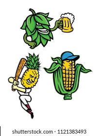 Mascot icon illustration set of fruits and vegetables like a beer hops drinking mug of ale, a maize or corn cob wearing a baseball cap and a pineapple with baseball bat batting in retro style.