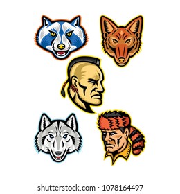 Mascot icon illustration set of heads of American wildlife and folklore heroes like the Artic wolf, jackal, Mohawk warrior, raccoon, the frontiersman on isolated background.