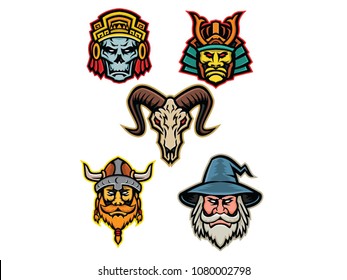 Mascot icon illustration set of heads of an Aztec warrior skull, Samurai warrior,bighorn sheep skull, Viking warrior or Norse raider and wizard  viewed from front isolated background in retro style.