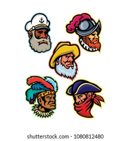 Mascot icon illustration set of heads of a conquistador or explorer, sea captain or skipper, old fisherman, Zulu warrior and a highwayman or robber viewed from  on isolated background in retro style.