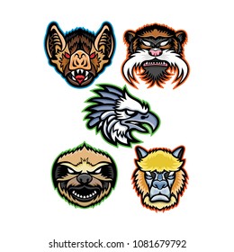 Mascot Icon Illustration Set Of Heads Of Amazon Wildlife Like The Vampire Bat, Emperor Tamarin Monkey, Harpy Eagle, Sloth And Llama Viewed From  On Isolated Background In Retro Style.