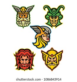 Mascot icon illustration set of heads of Norse gods such as Odin, Wodan, Woden or Wotangod, Loki, valkyrie warrior, Baldr, Balder or Baldur and Thor   on isolated background in retro style.