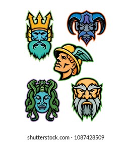 Mascot icon illustration set of heads of Greek mythology gods like Poseidon or Neptune, Hades, Hermes or Mercury, Medusa, a Gorgon, and Cronus or Kronos on isolated background in retro style.