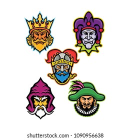 Mascot icon illustration set of heads of the European medieval royal court figures like the king or monarch, court jester or fool, knight, wizard or sorcerer and the minstrel done  in retro style.