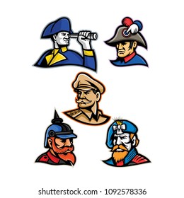 Mascot icon illustration set of heads of military officers and emperors like the British admiral, French emperor, American general, Prussian or German officer and the Jacobite highlander retro style.