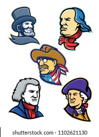 Mascot icon illustration set of heads of American presidents, patriot, heroes and statesman like Abraham Lincoln, Benjamin Franklin,Theodore Roosevelt, Thomas Jefferson and George Washington retro.