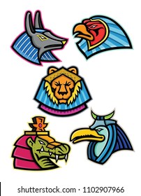 Mascot icon illustration set of heads of ancient Egyptian animal gods or deities like Anubis,sun god Ra, Sekhmet, Sobek and Thoth  viewed from side on isolated background in retro style.