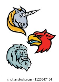 Mascot icon illustration set of heads of legendary or mythical creatures like the unicorn,griffin, griffon, or gryphon, the yeti or abominable snowman on isolated background in retro style.