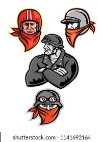 Mascot Icon Illustration Set Of Heads Of A Male Biker Or Motorcycle Club Rider, Outlaw Or Bandit Wearing A Vintage Helmet And Bandanna Or Scarf Viewed From  On Isolated Background In Retro Style.