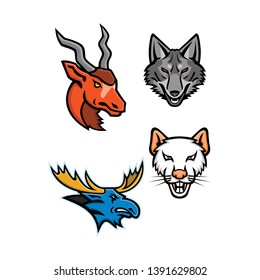 Mascot icon illustration set of heads of an addax, grey coyote, bull moose and a rat  viewed from front  on isolated background in retro style.