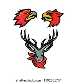 Mascot icon illustration set of heads of mythical or folklore creatures and animals like the firebird, griffin and jackalope viewed from front and side  on isolated background in retro style.