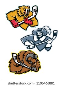 Mascot Icon Illustration Set Of Ice Hockey Sporting Mascots Like The Saber Toothed Tiger Or Sabre-toothed Cat, Musketeer Or Cavalier, Musk Ox Or Muskox Holding An Ice Hockey Stick  In Retro Style.