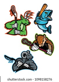 Mascot icon illustration set of  lacrosse and baseball sporting sports team mascots like  a stag deer, armadillo and bighorn ram, mountain goat lacrosse players and a largemouth bass baseball player.