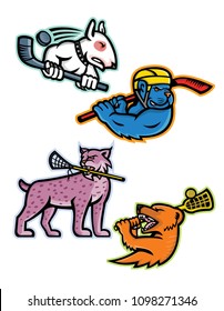 Mascot icon illustration set of  lacrosse and ice hockey sporting sports team mascots like an bull terrier and American bully dog ice hockey player, lynx or bobcat and mongoose lacrosse player.