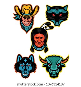 Mascot icon illustration set of popular North American sports  like the cowboy or outlaw, raccoon, Native American Indian chief, timber wolf or gray wolf and bison  viewed from  on isolated background