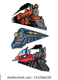 Mascot icon illustration set of vintage steam locomotive or steam engine railway train speeding up  viewed from side  on isolated background in retro style.