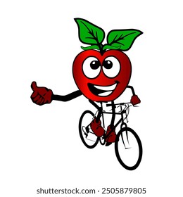 Mascot or icon illustration of a smiling apple riding a bicycle and thumbs up