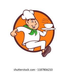 Mascot icon illustration of a speedy running chef, cook or baker serving a bowl of hot fast food set inisde circle viewed from side on isolated background in retro style.