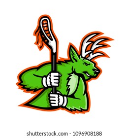 Mascot icon illustration of a stag deer or buck wielding a lacrosse stick viewed from side on isolated background in retro style.